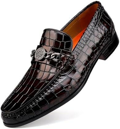 Men's Black White Crocodile Print Patent Leather Loafer