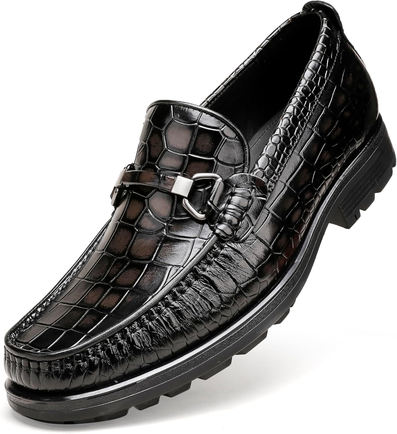Men's Ostrich Print Leather Buckle Dress Loafer Black