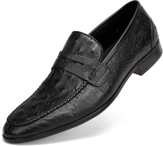 Men's Ostrich Print Driving Moccasin Loafer Black